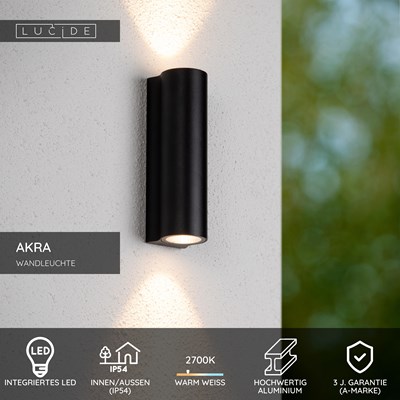Lucide AKRA - Wandleuchte Innen/Außen - LED - 2x6,5W 2700K - IP54 - Schwarz
